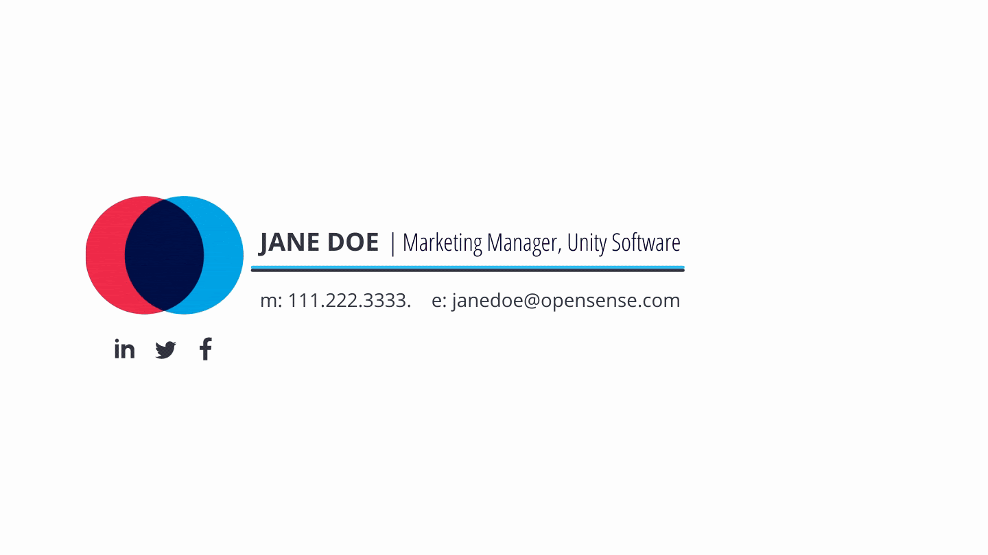 Email signature includes logo, name and title, mobile number, email address, website URL, and social media icons for LinkedIn, Twitter, and Facebook. Demonstrates how Opensense standardizes professional signatures with consistent branding and contact details.