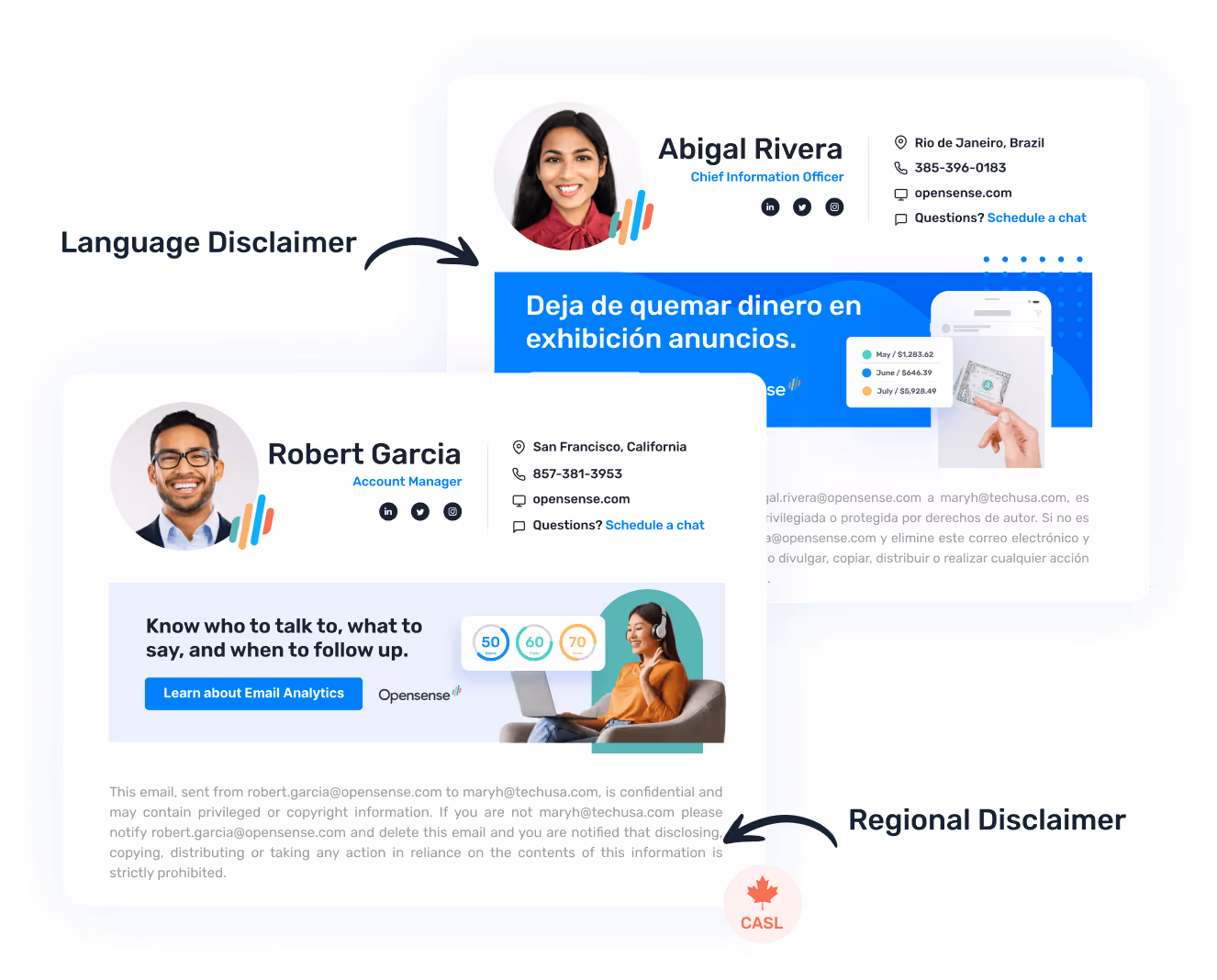 Comparison of email signatures showing localized disclaimers. Abigail Rivera’s signature from Rio de Janeiro includes a Spanish language disclaimer and ad banner. Robert Garcia’s signature from San Francisco includes a Canadian CASL regional disclaimer and banner promoting email analytics.