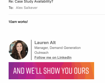 Outreach email signature that includes a promotional email ad banner for the UNLEASH ‘19 Summit Series. Demonstrates how Opensense turns everyday email exchanges into marketing opportunities by surfacing event promotions directly within employee signatures to drive awareness and registrations.