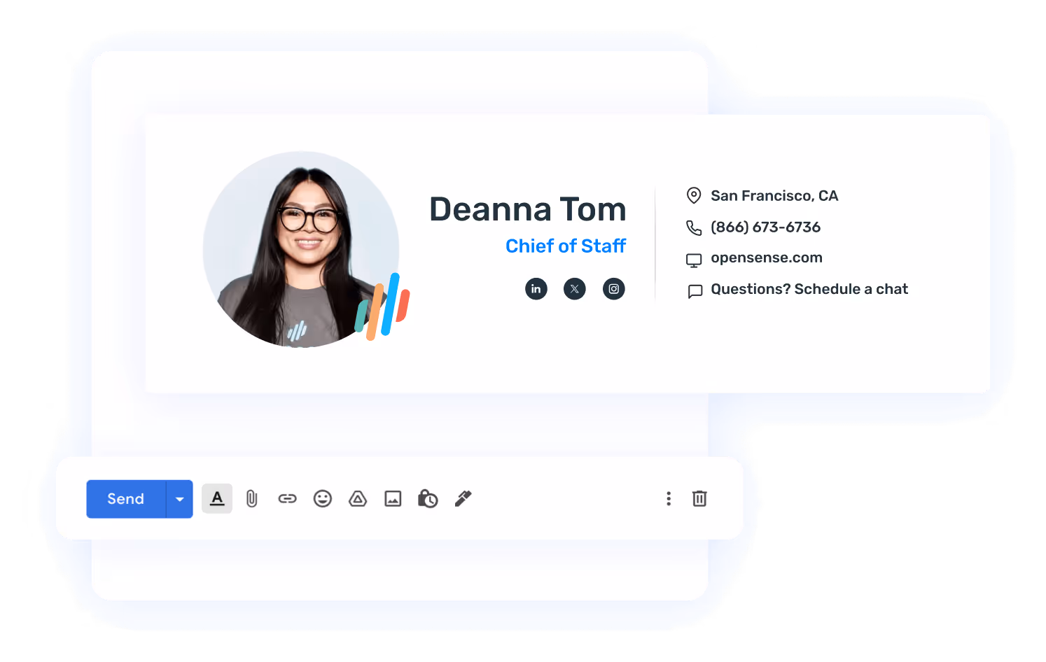 Branded email signature created with Opensense showing employee photo, name, title, and contact details. Example of Opensense email signature management that drives consistent branding, professional communication, and measurable marketing moments across every email.