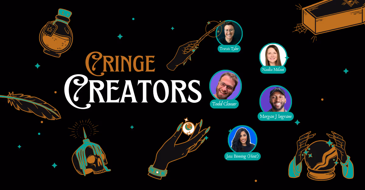 Podcast thumbnail: Cringe Creators - Marketing Horror Stories - Halloween special episode