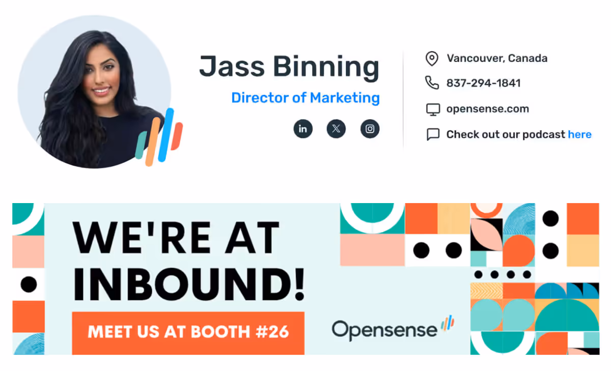 Email signature banner promoting Inbound conference attendance with colorful geometric design